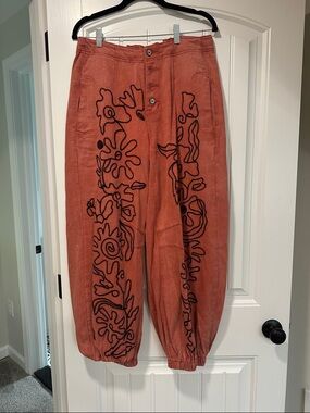 POL Red Button-Front Embroidered pants